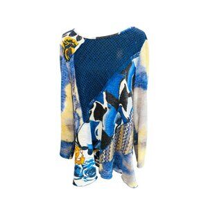 Ali Miles Patchwork Mesh Knit Floral Sweater Asymmetrical Hem Knit Tunic Top XL